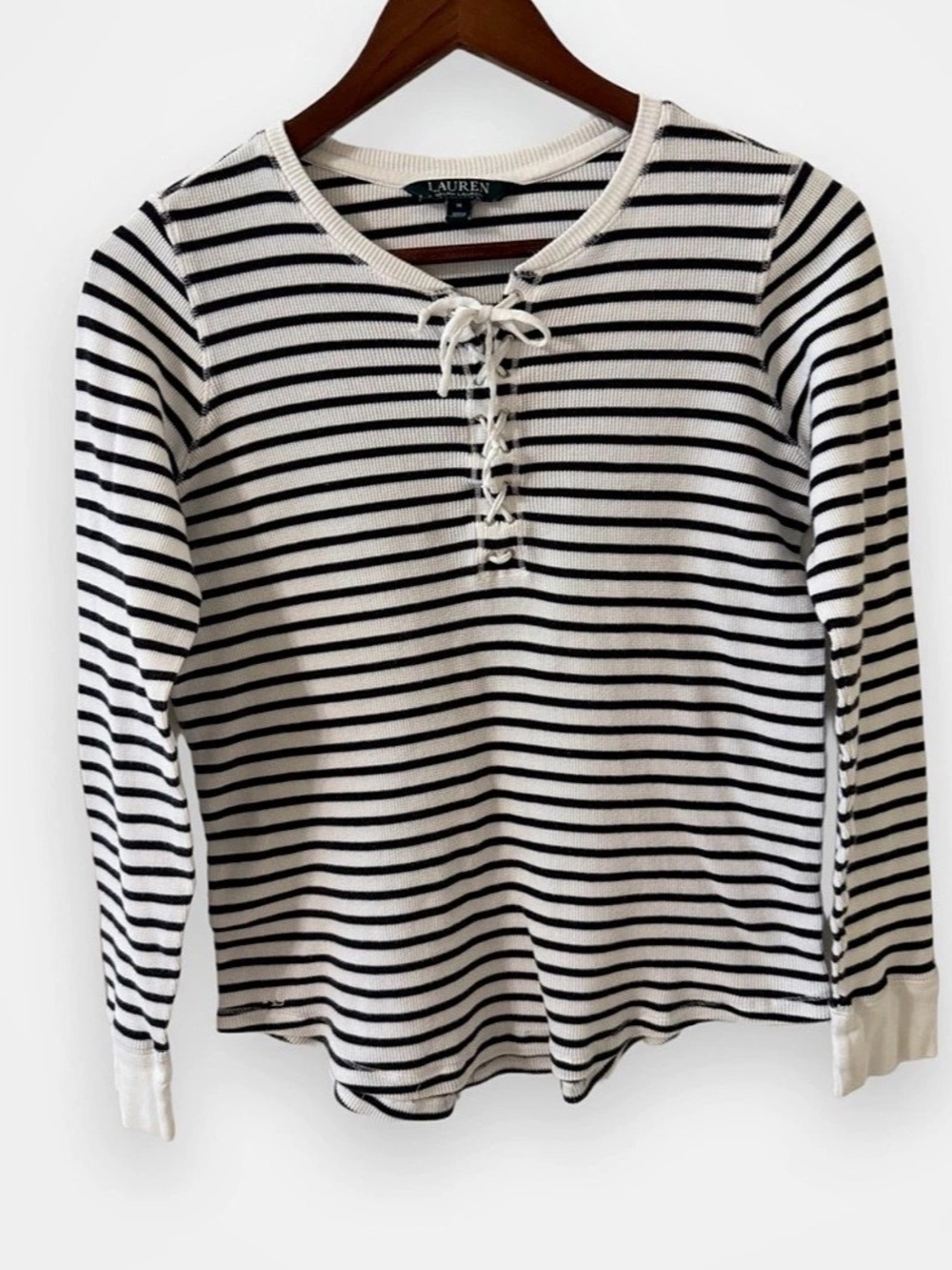 Lauren Ralph Lauren Striped Lace-Up Waffle-Knit Top Black & White Old money